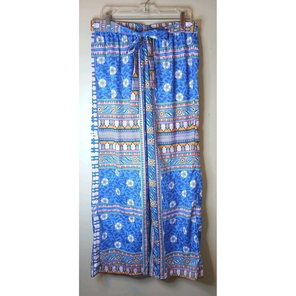 Rachel Zoe Sz L Harem Pilazzo Pants Silky Flowy Blue Multicolor Floral Print EUC